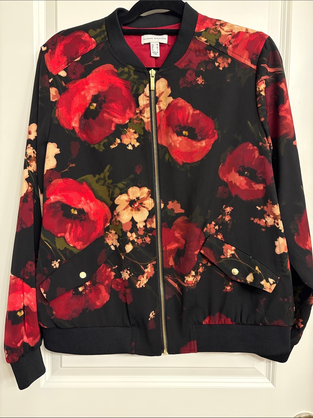 Susan Graver Black Floral Bomber Jacket with Red Poppies